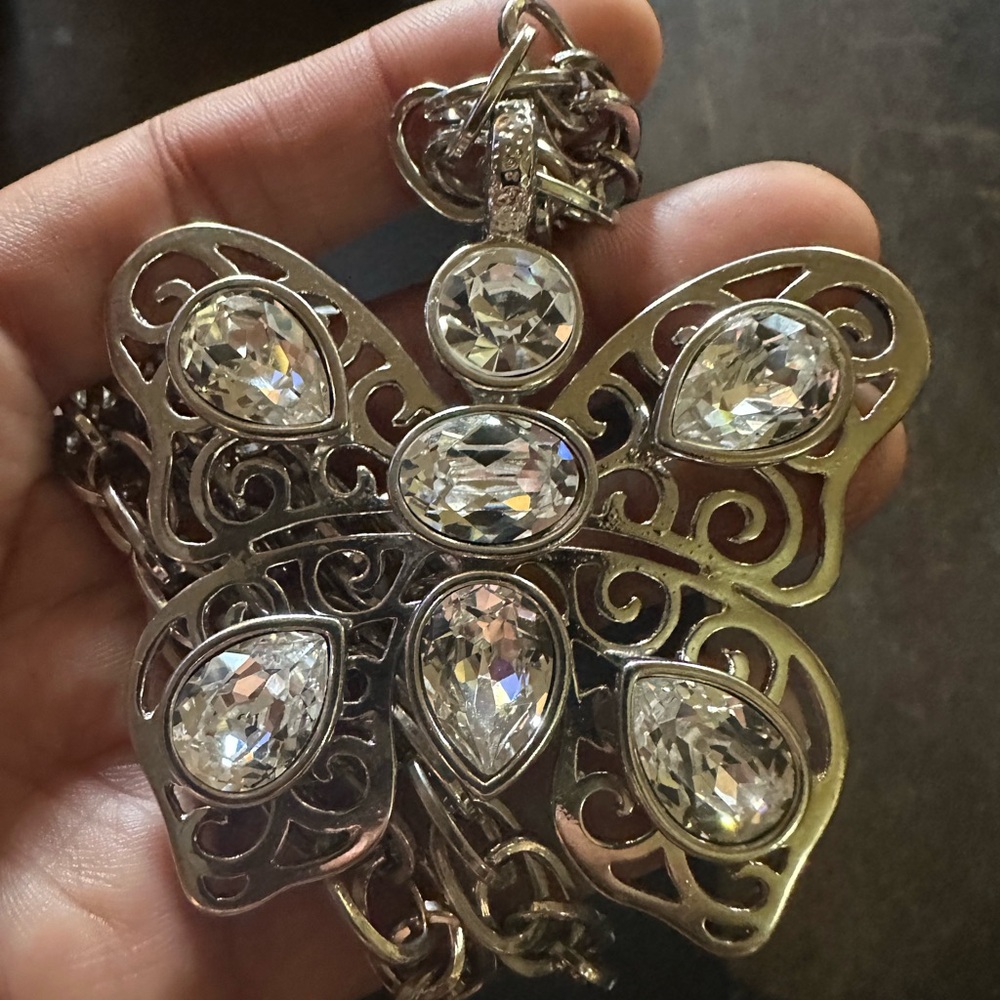 16”, vintage 925 silver necklace w butterfly pendant w cz clear stones